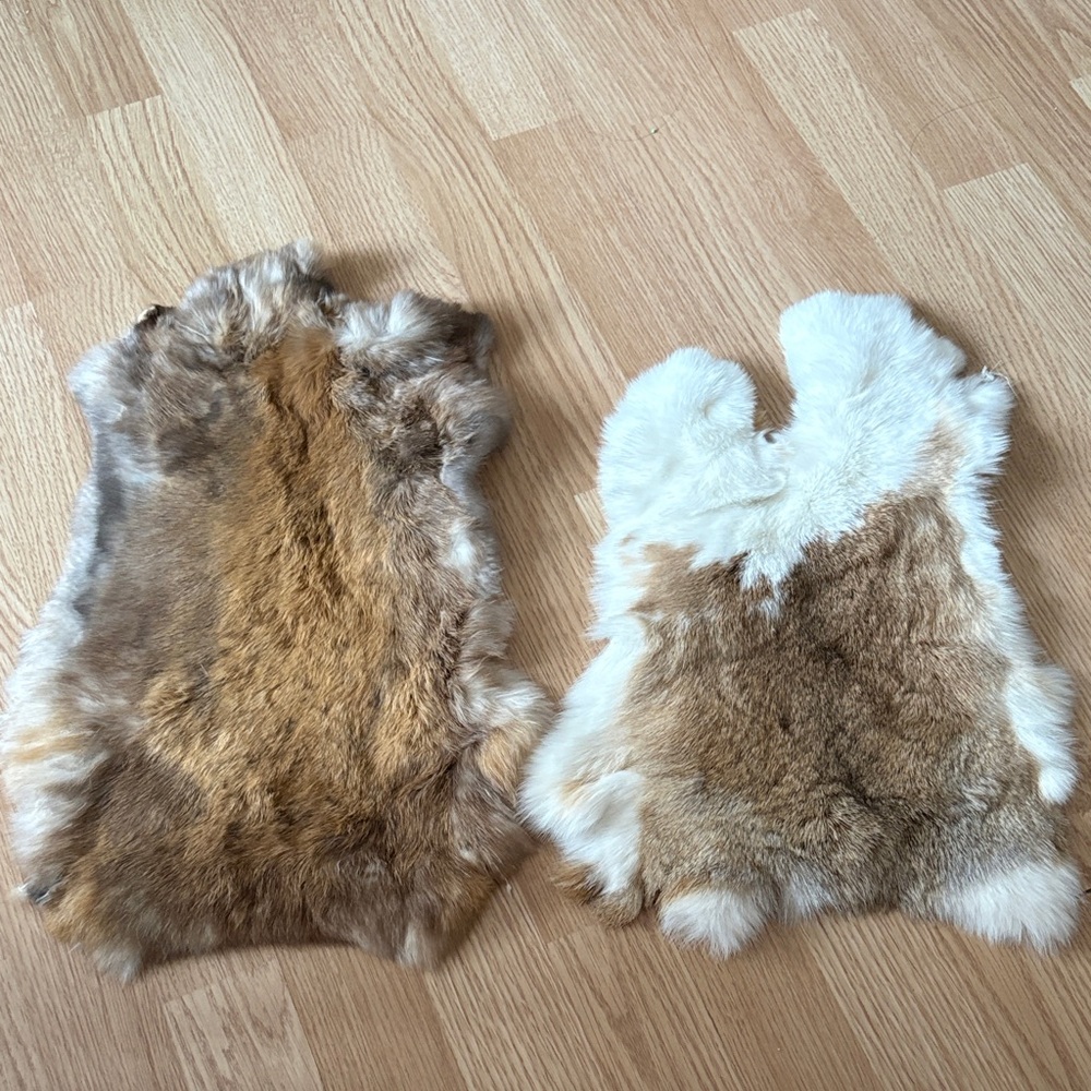 #0212 Set of 2 Brown White Rabbit Fur Pelts